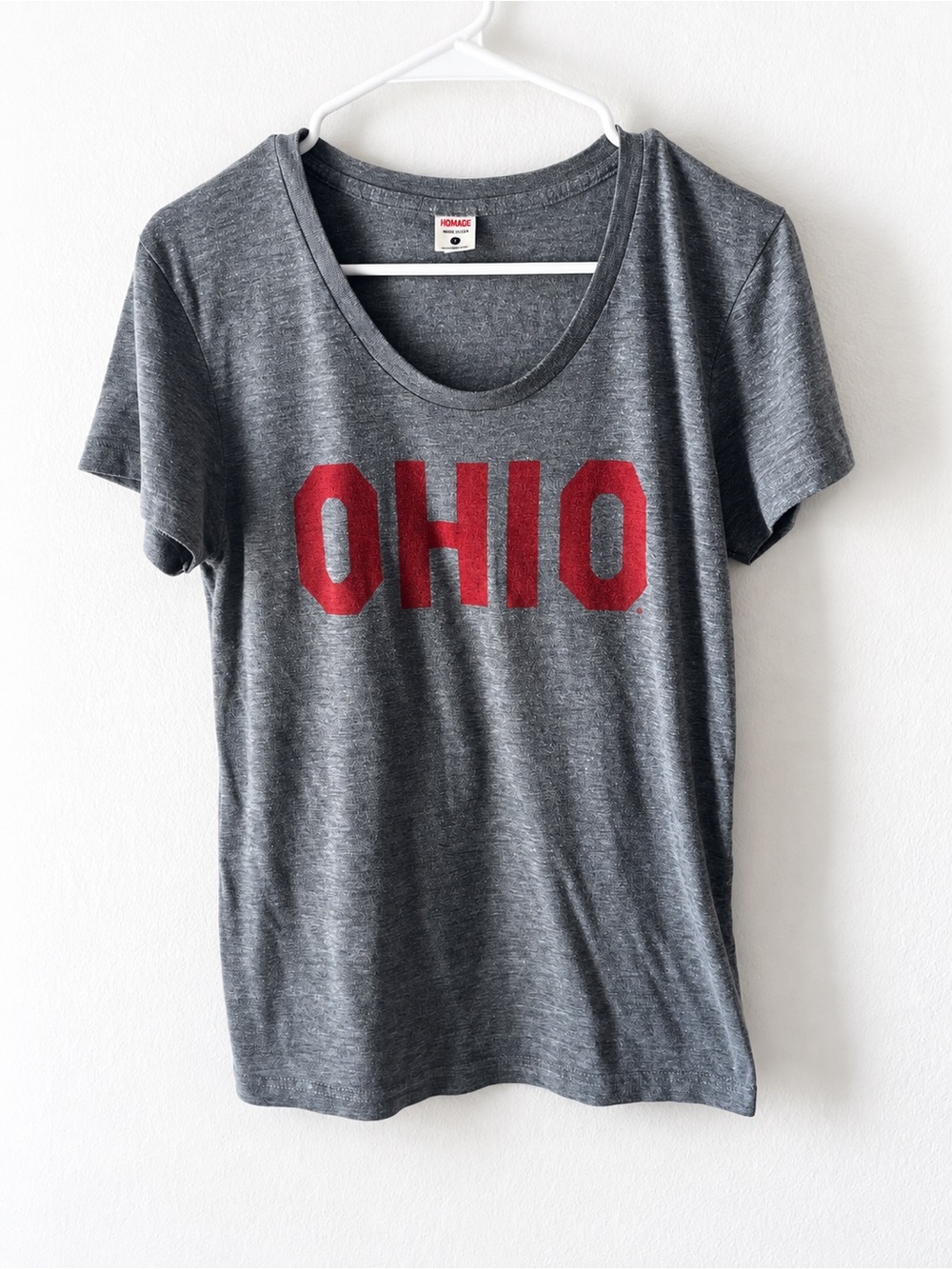 HOMAGE Ohio Graphic T-Shirt Gray Red Scoop Neck Made in USA Size L